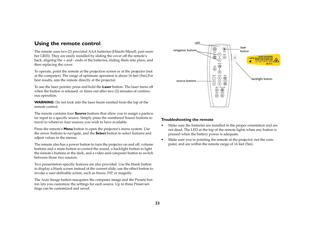 InFocus IN5104, IN5106, IN5102 manual Using the remote control, Troubleshooting the remote 