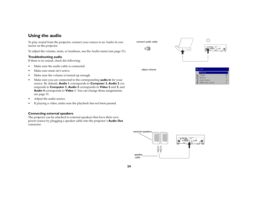 InFocus IN5106, IN5104, IN5102 manual Using the audio, Troubleshooting audio, Connecting external speakers 