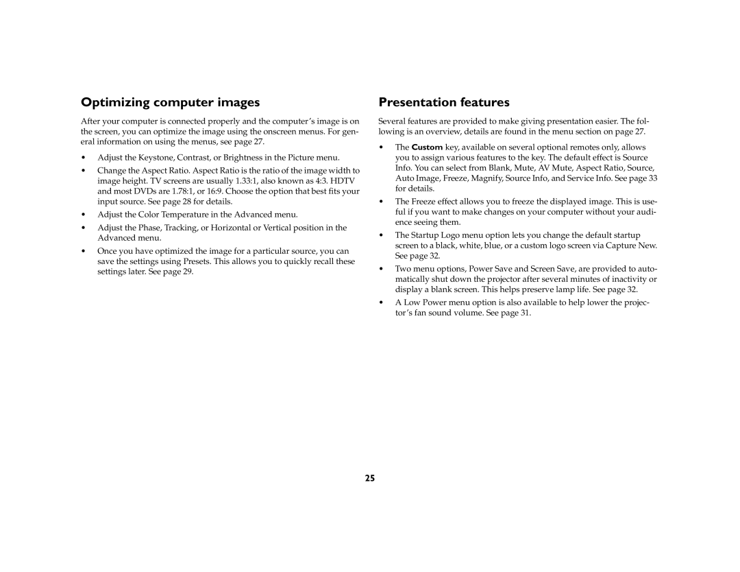 InFocus IN5102, IN5104, IN5106 manual Optimizing computer images, Presentation features 