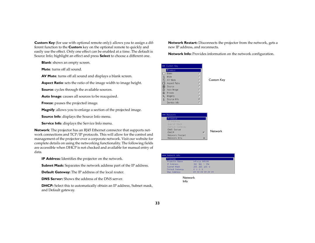 InFocus IN5106, IN5104, IN5102 manual Custom Key Network Info 