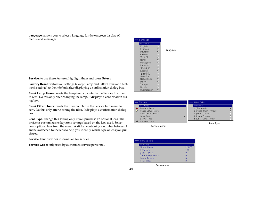 InFocus IN5102, IN5104, IN5106 manual Language Lens Type Service menu Service Info 