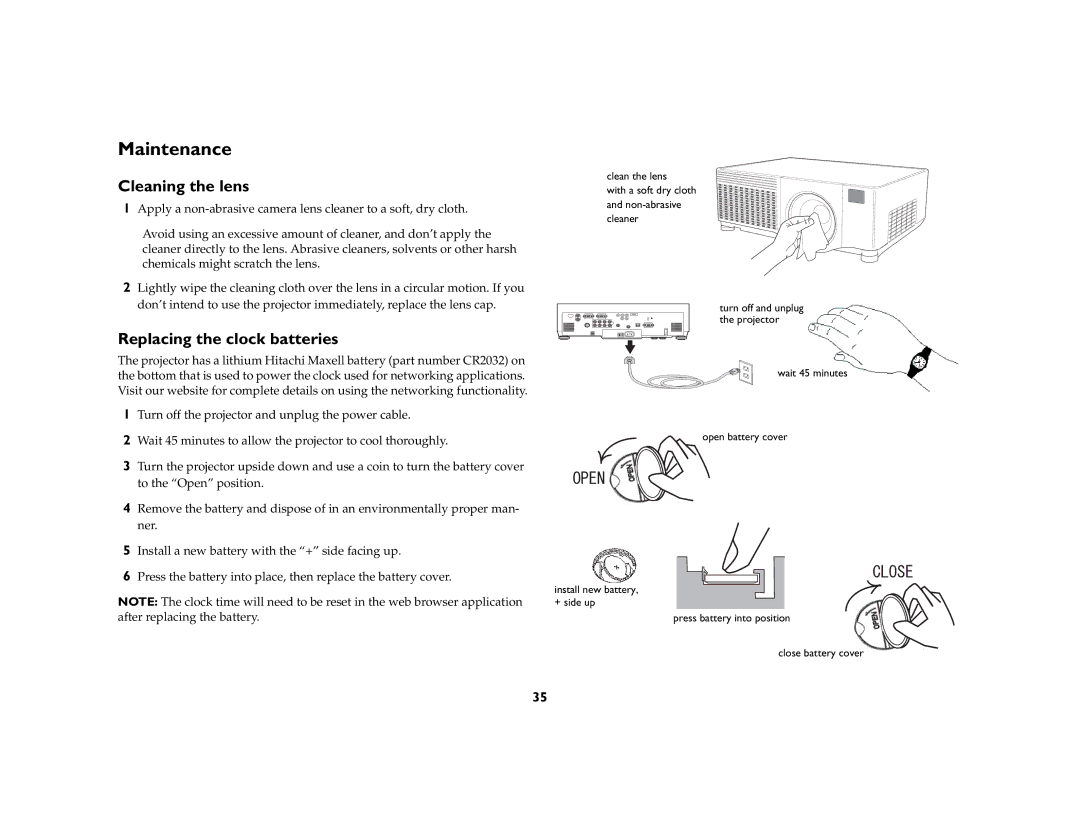 InFocus IN5104, IN5106, IN5102 manual Maintenance, Cleaning the lens, Replacing the clock batteries 