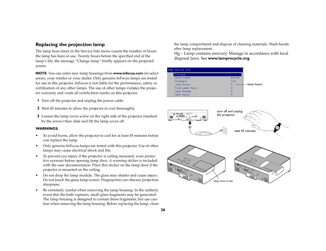 InFocus IN5106, IN5104, IN5102 manual Replacing the projection lamp 