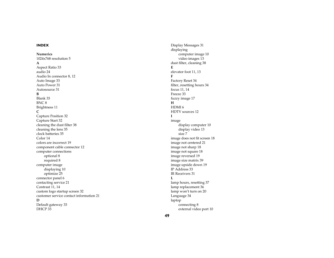 InFocus IN5102, IN5104, IN5106 manual Index 