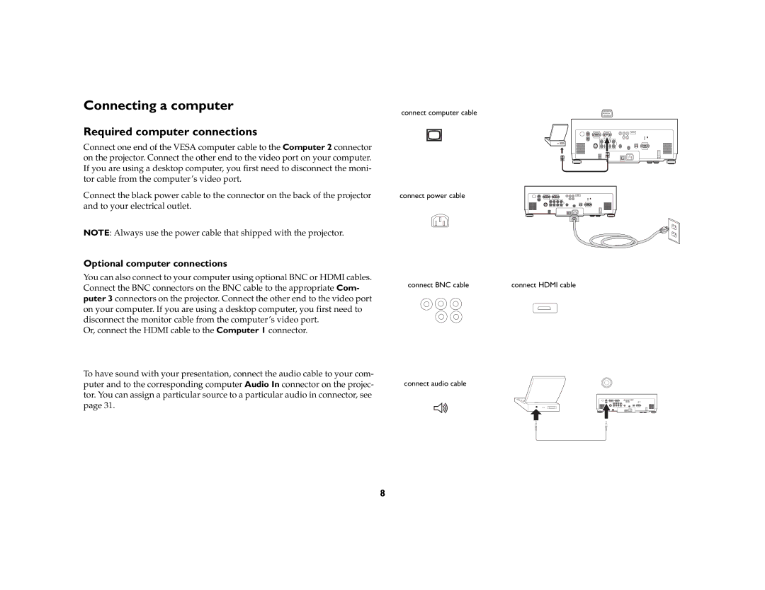 InFocus IN5104, IN5106, IN5102 manual Connecting a computer, Required computer connections, Optional computer connections 