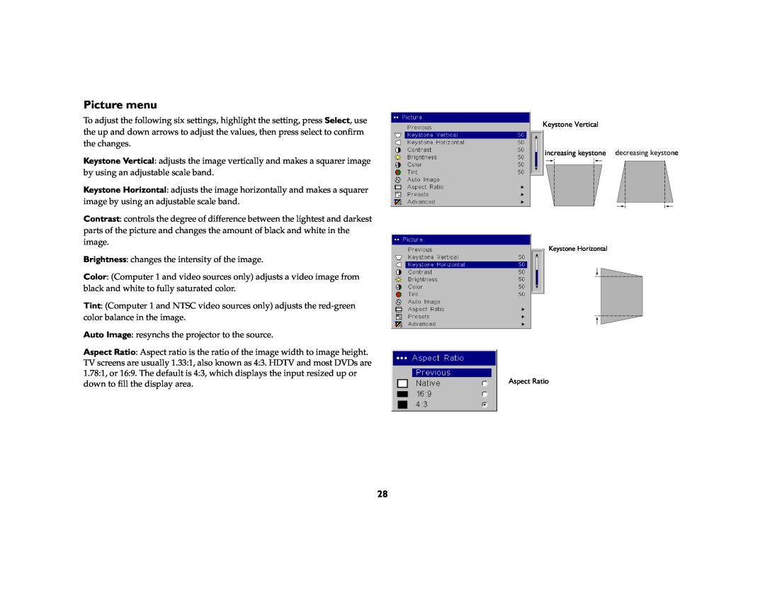 InFocus IN5102, IN5104, IN5106 manual Picture menu 
