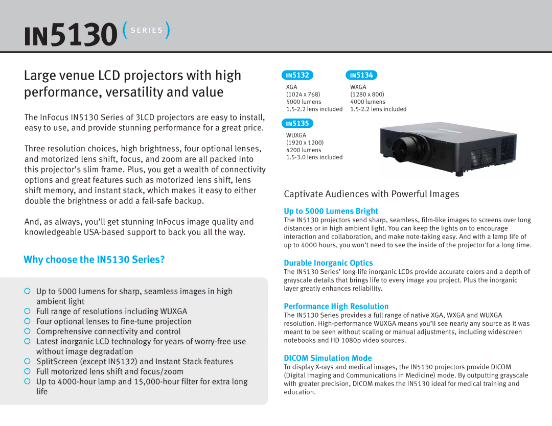 InFocus in5130 manual Captivate Audiences with Powerful Images, Up to 5000 Lumens Bright, Durable Inorganic Optics 