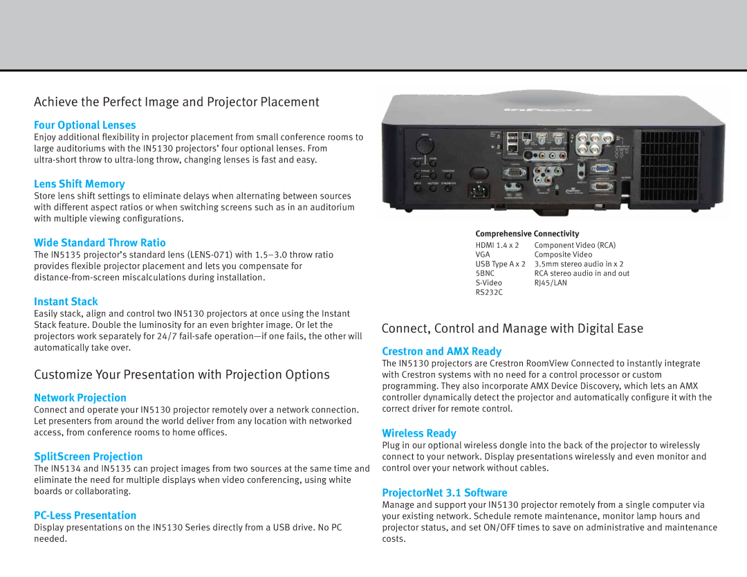 InFocus in5130 Achieve the Perfect Image and Projector Placement, Customize Your Presentation with Projection Options 