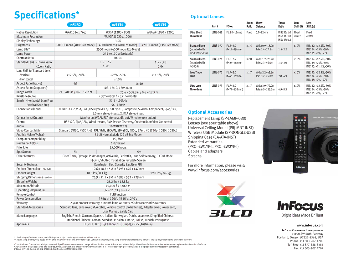 InFocus in5130 manual Specifications 