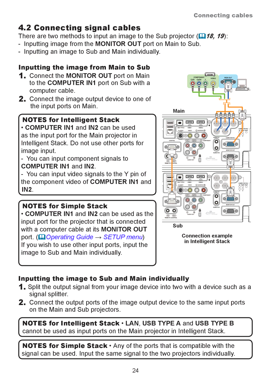 InFocus IN5132, IN5134A, IN5135, IN5144 Connecting signal cables, Inputting the image from Main to Sub, Computer IN1 and IN2 