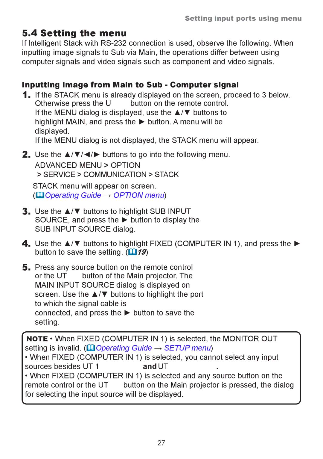 InFocus IN5135, IN5132, IN5134A, IN5144A, IN5142, IN5145 Setting the menu, Inputting image from Main to Sub Computer signal 