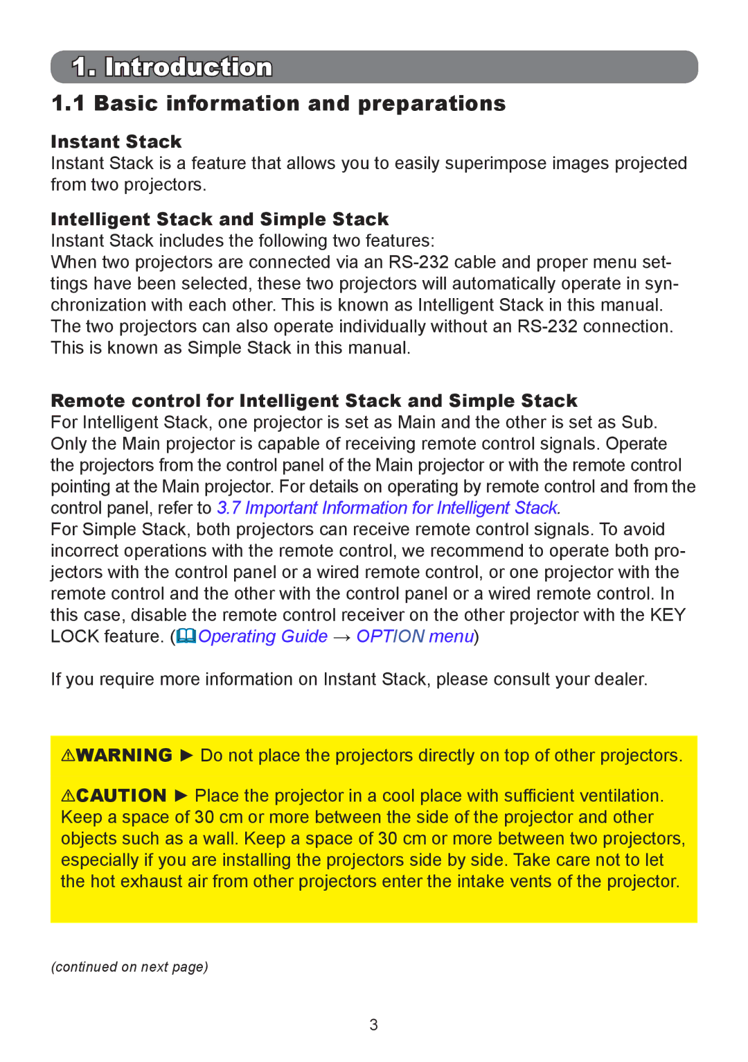 InFocus IN5135, IN5132, IN5134A, IN5144A, IN5142, IN5145 Introduction, Basic information and preparations, Instant Stack 