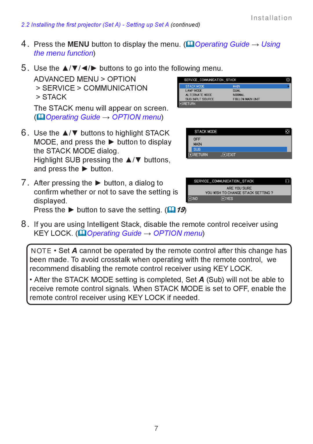 InFocus IN5145, IN5132, IN5134A, IN5135, IN5144A, IN5142 user manual Advanced Menu Option Service Communication Stack 