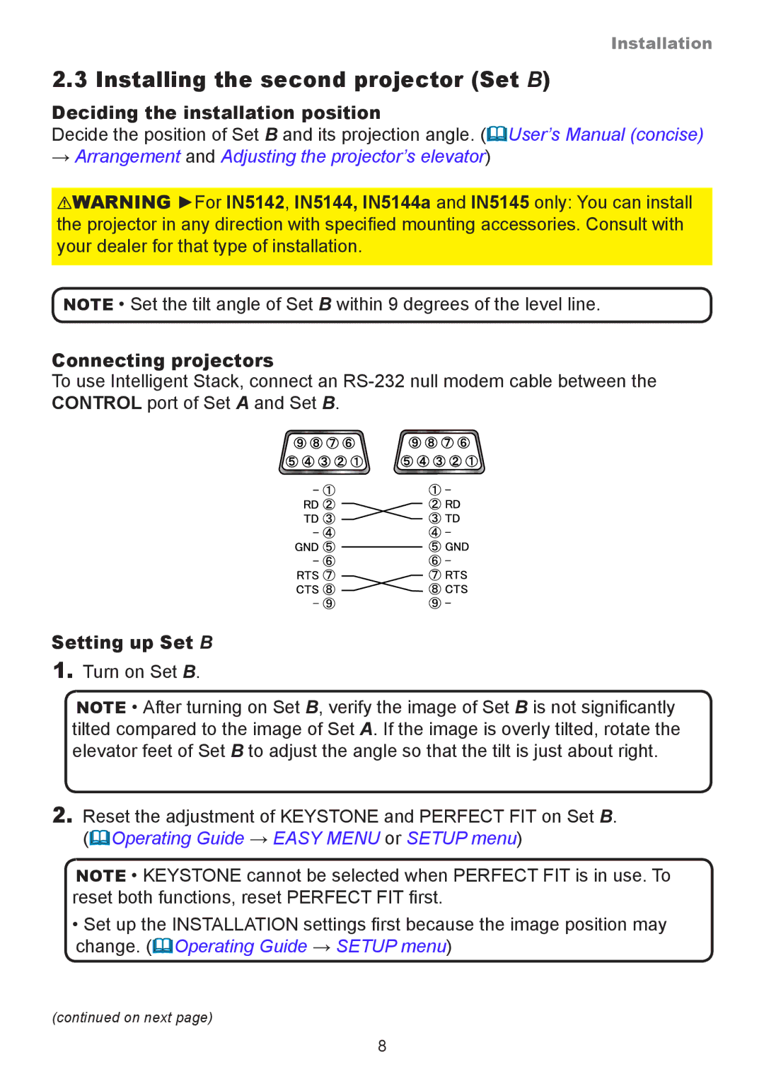 InFocus IN5132, IN5134A, IN5135, IN5144 Installing the second projector Set B, Connecting projectors, Setting up Set B 