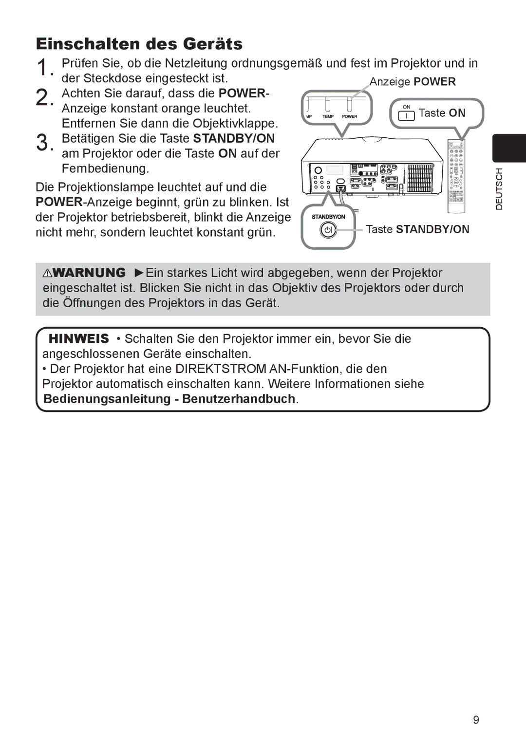 InFocus IN5132 user manual Einschalten des Geräts, Bedienungsanleitung Benutzerhandbuch 