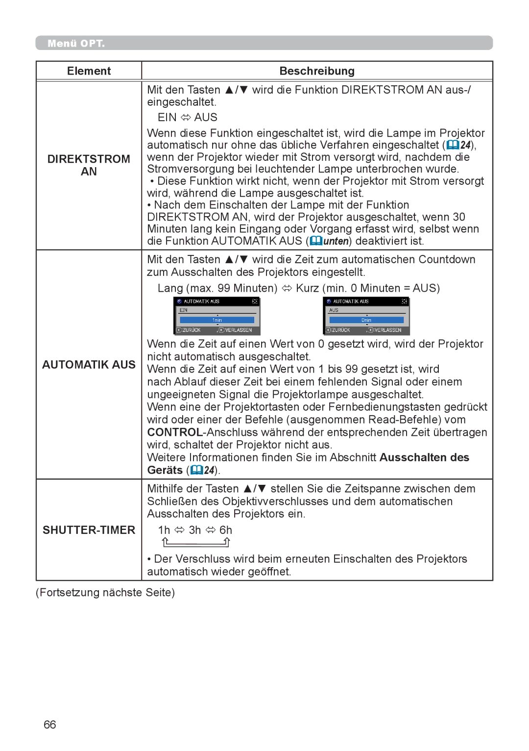 InFocus IN5132 user manual Direktstrom, Automatik AUS, Geräts 24, Shutter-Timer 