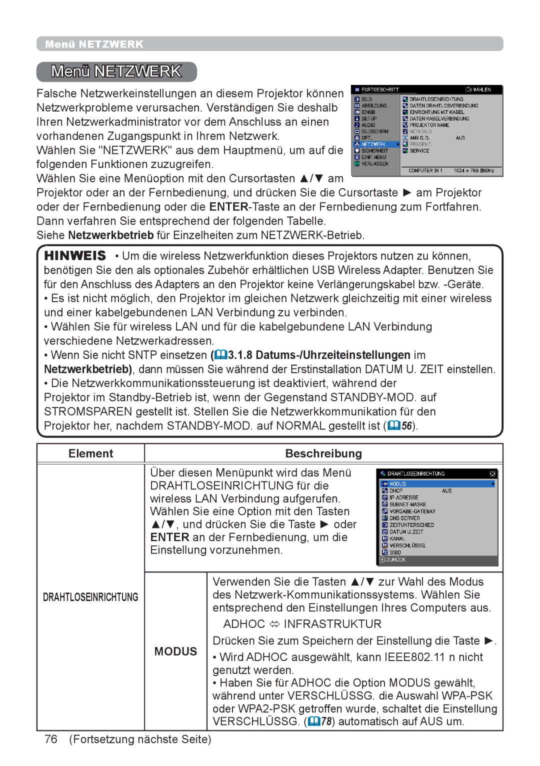 InFocus IN5132 user manual Menü Netzwerk 