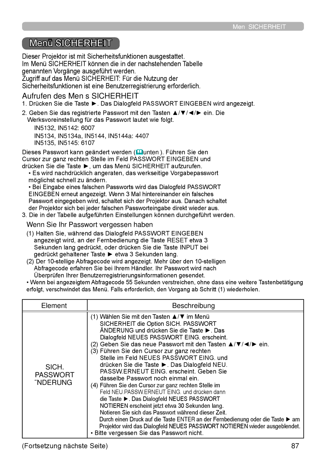 InFocus IN5132 user manual Menü Sicherheit, Aufrufen des Menüs Sicherheit, Passwort, Änderung 