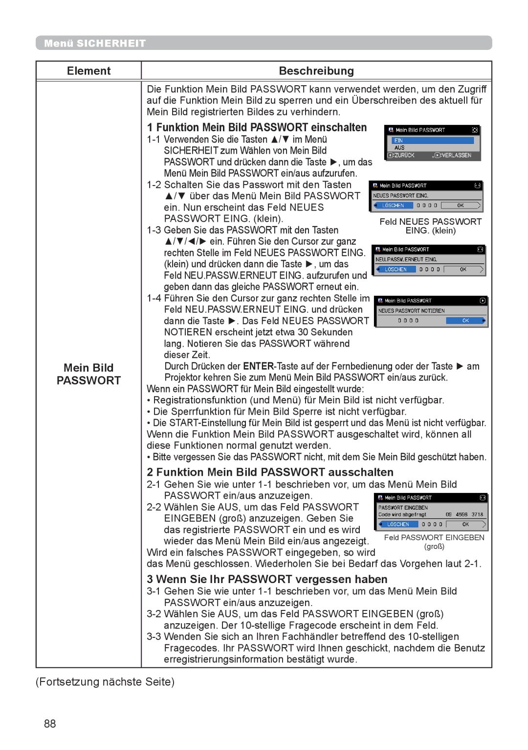 InFocus IN5132 user manual Element Beschreibung Mein Bild, Funktion Mein Bild Passwort einschalten 