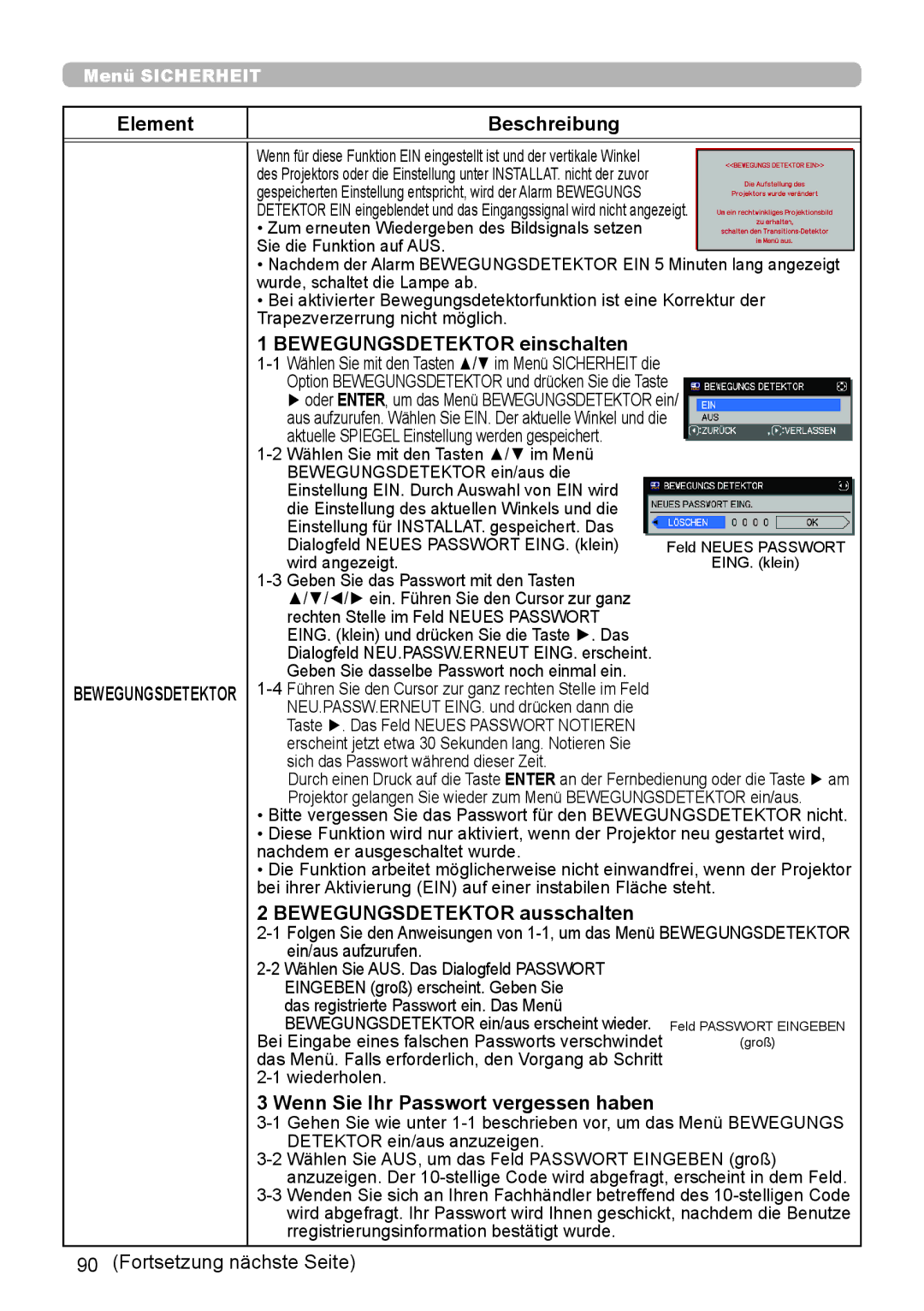 InFocus IN5132 user manual Bewegungsdetektor einschalten, Bewegungsdetektor ausschalten 