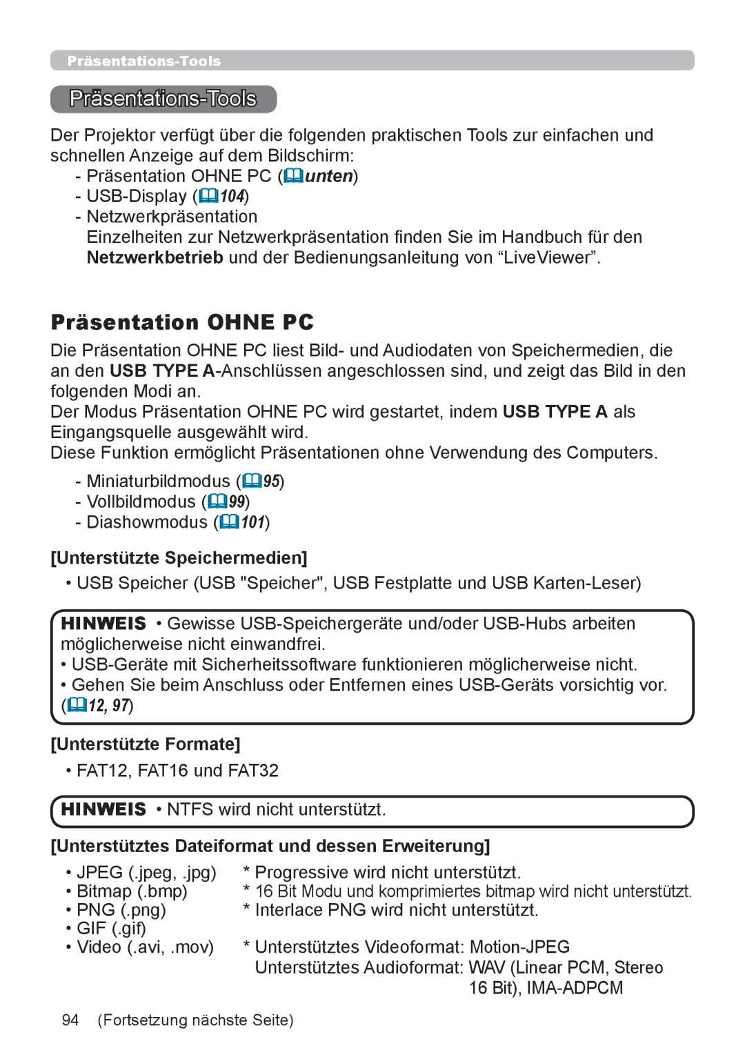 InFocus IN5132 user manual Präsentations- Tools, Präsentation Ohne PC, Unterstützte Speichermedien, Unterstützte Formate 