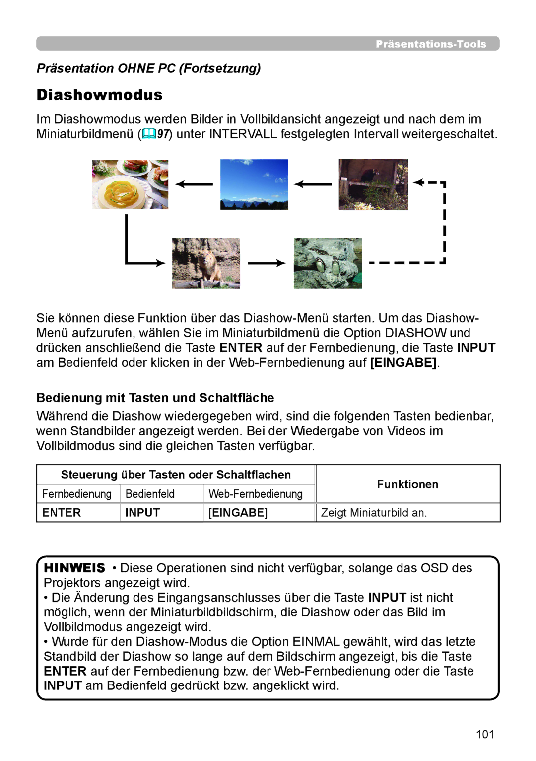 InFocus IN5132 user manual Diashowmodus, Steuerung über Tasten oder Schaltflachen, 101 