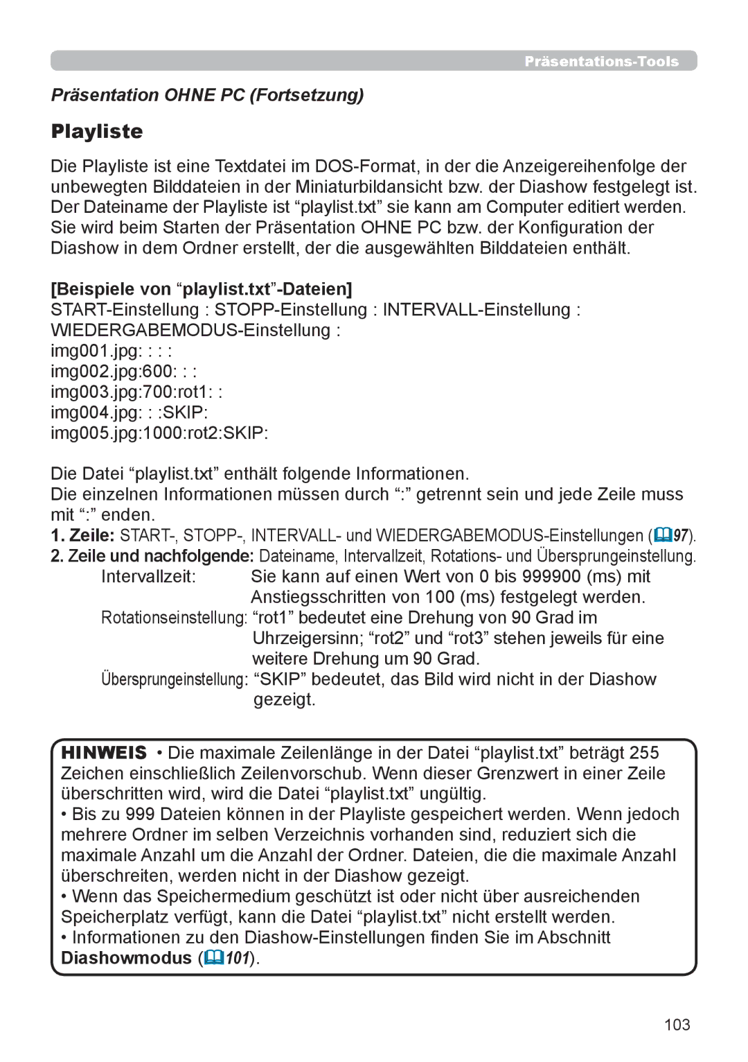 InFocus IN5132 user manual Beispiele von playlist.txt-Dateien, Diashowmodus 101, 103 