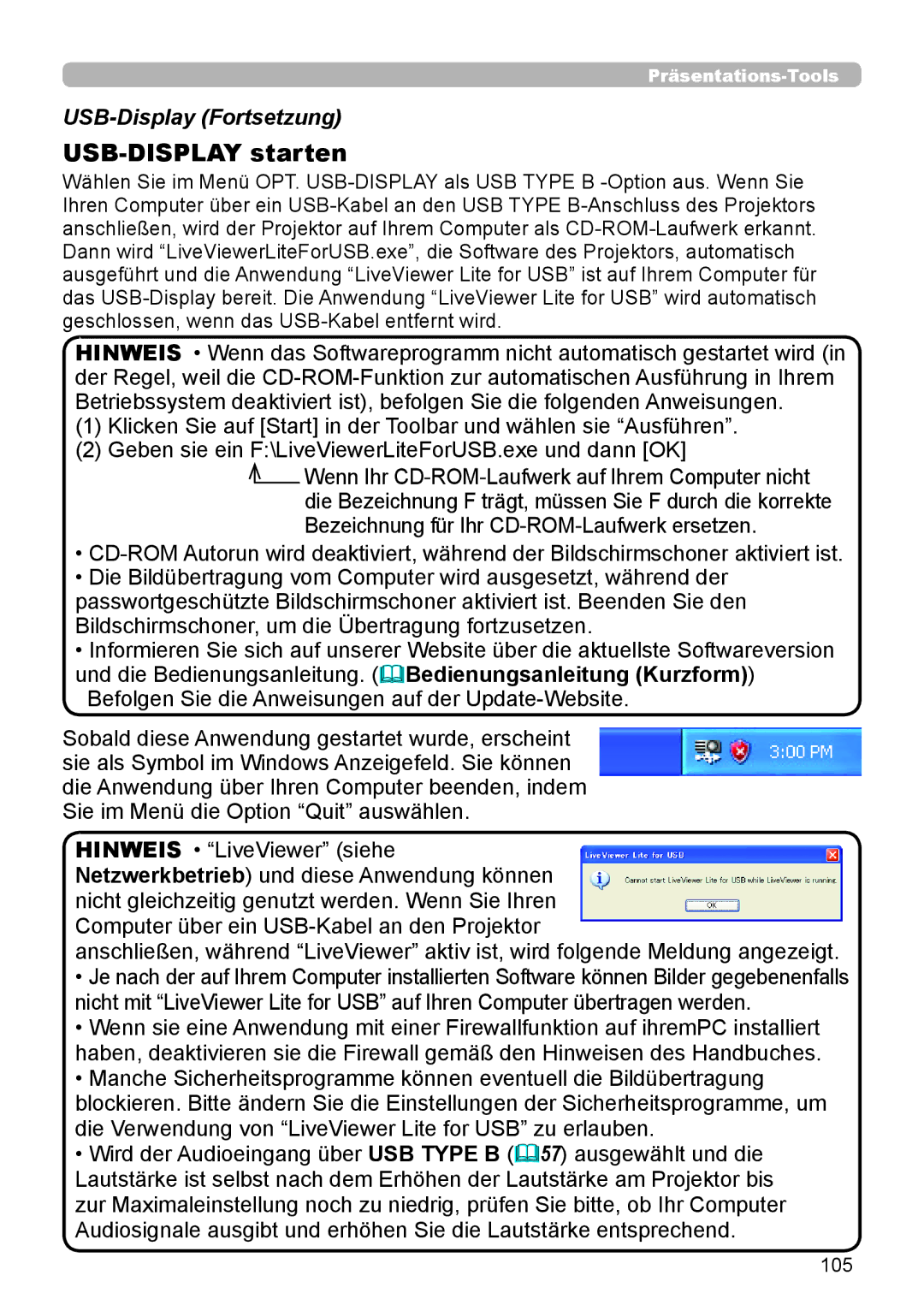 InFocus IN5132 user manual USB-Display Fortsetzung, 105 