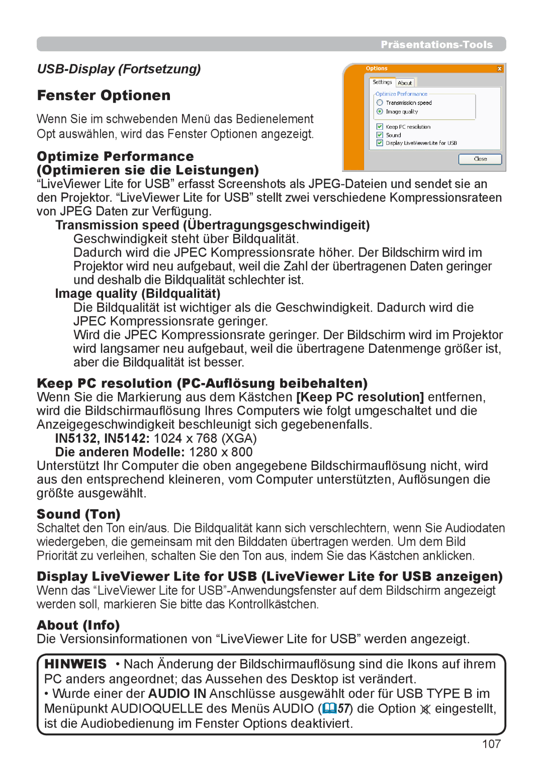 InFocus IN5132 Optimize Performance Optimieren sie die Leistungen, Transmission speed Übertragungsgeschwindigeit 