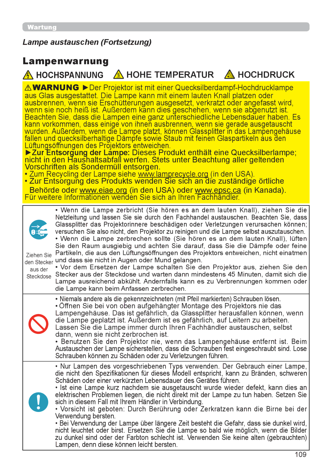 InFocus IN5132 user manual Lampenwarnung, Lampe austauschen Fortsetzung, 109 