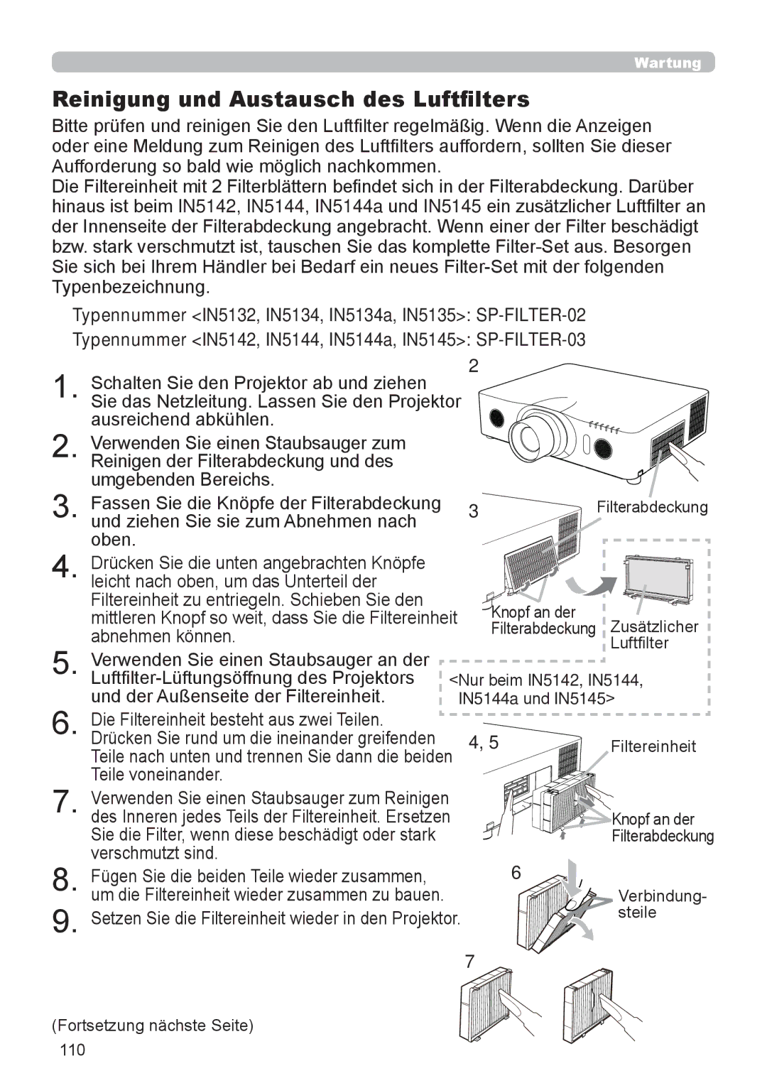 InFocus IN5132 user manual Reinigung und Austausch des Luftfilters 