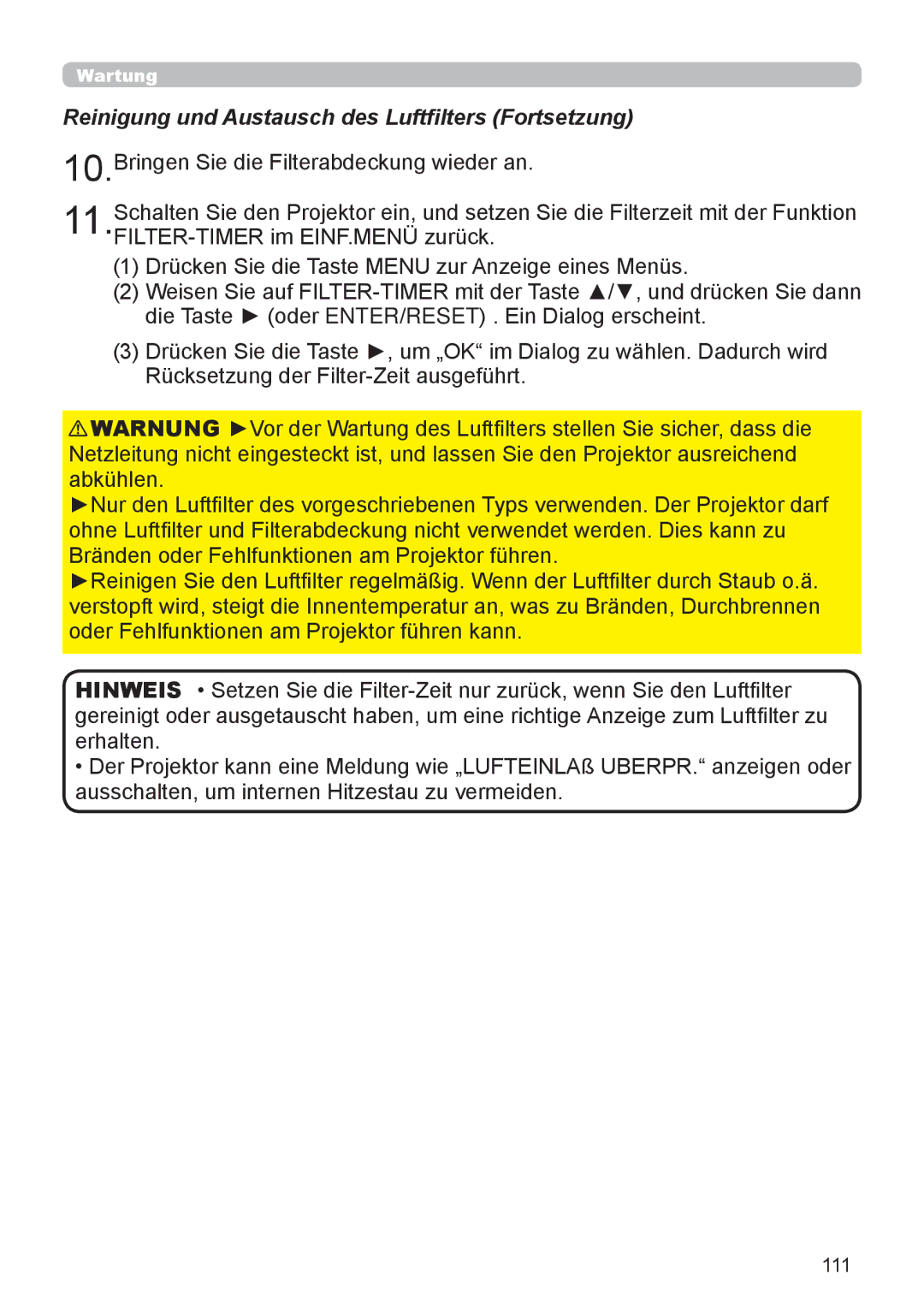 InFocus IN5132 user manual Reinigung und Austausch des Luftfilters Fortsetzung, 111 