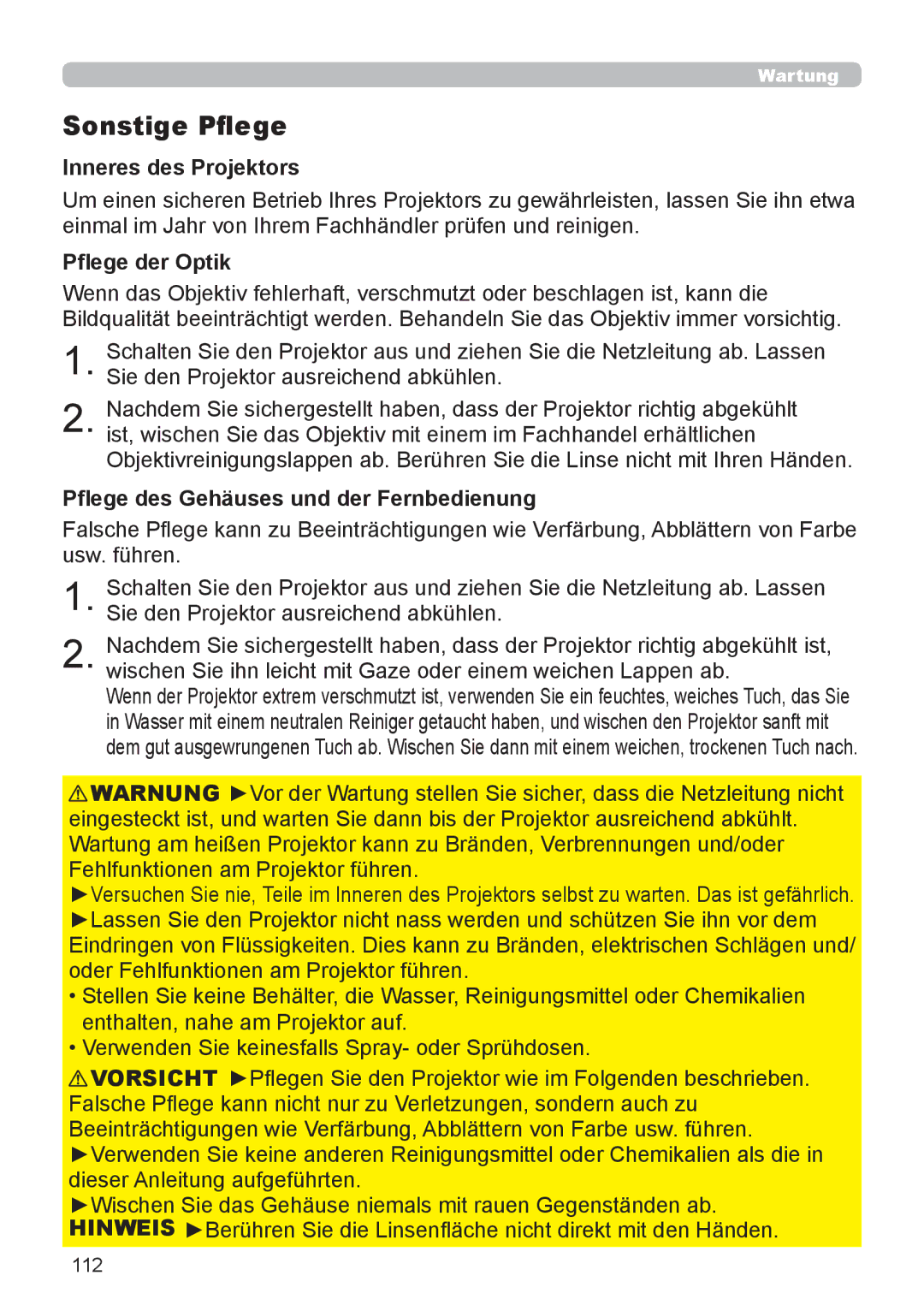 InFocus IN5132 Sonstige Pflege, Inneres des Projektors, Pflege der Optik, Pflege des Gehäuses und der Fernbedienung, 112 