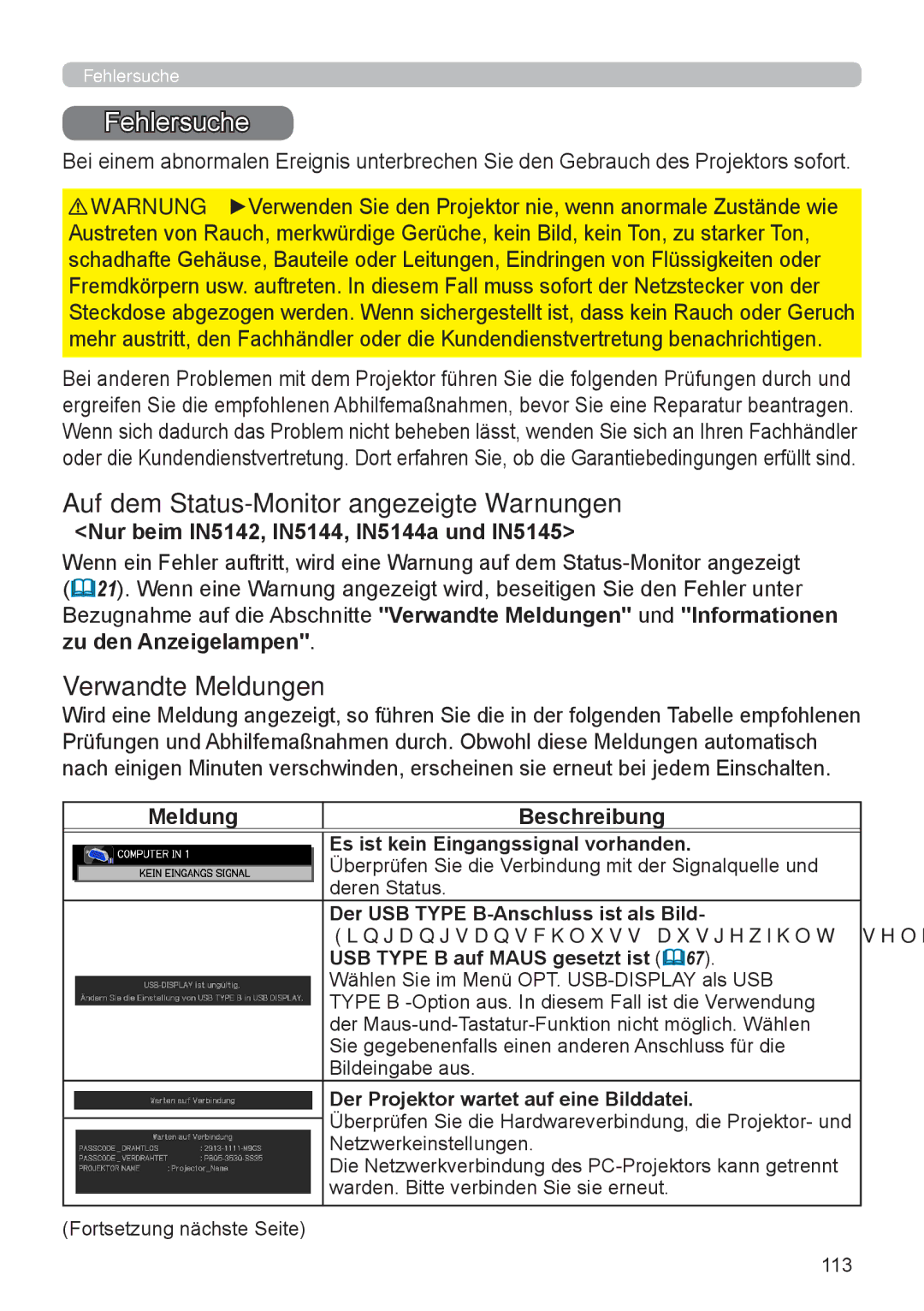 InFocus IN5132 Fehlersuche, Auf dem Status-Monitor angezeigte Warnungen, Verwandte Meldungen, Meldung Beschreibung 