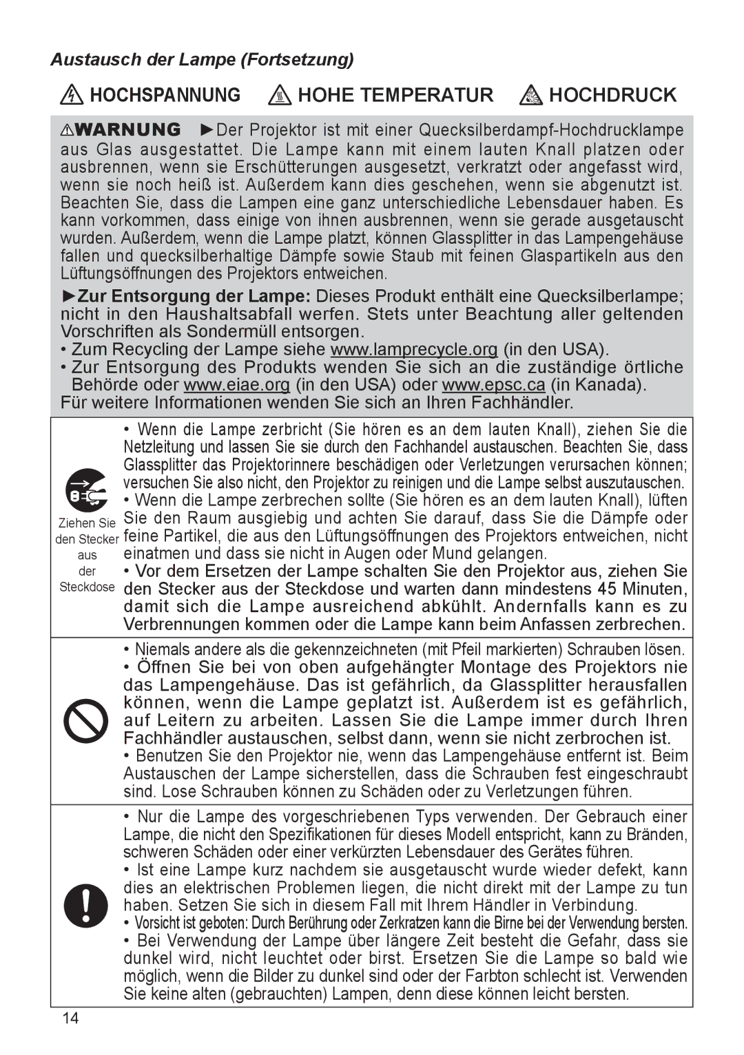 InFocus IN5132 user manual Austausch der Lampe Fortsetzung 