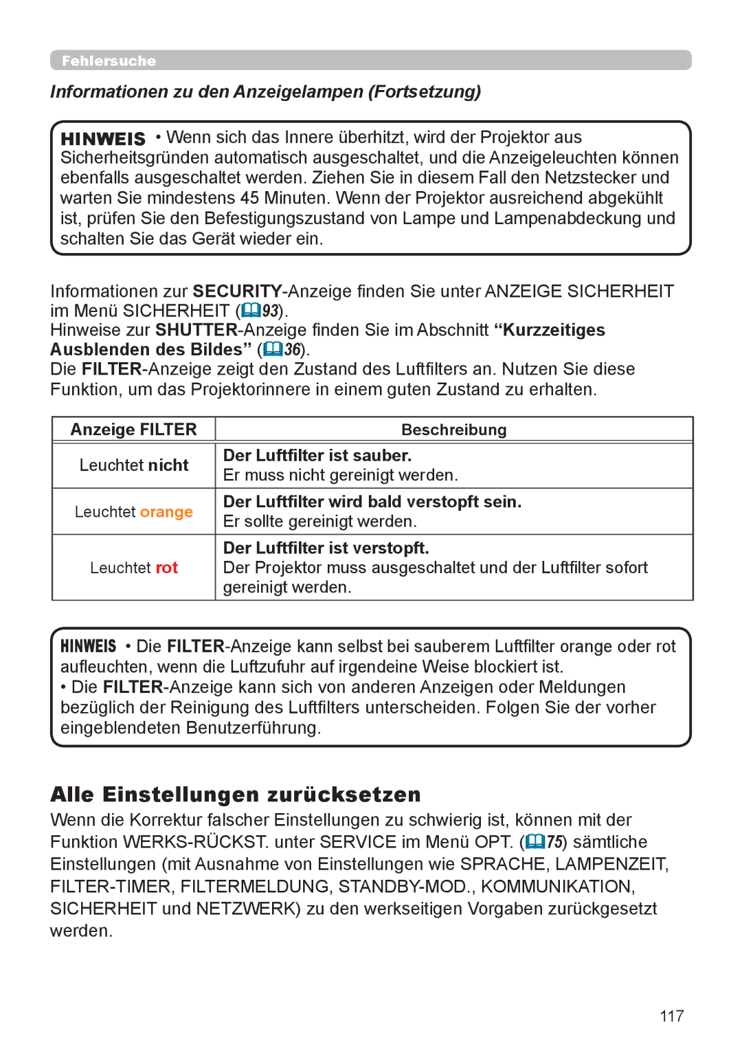 InFocus IN5132 user manual Alle Einstellungen zurücksetzen 