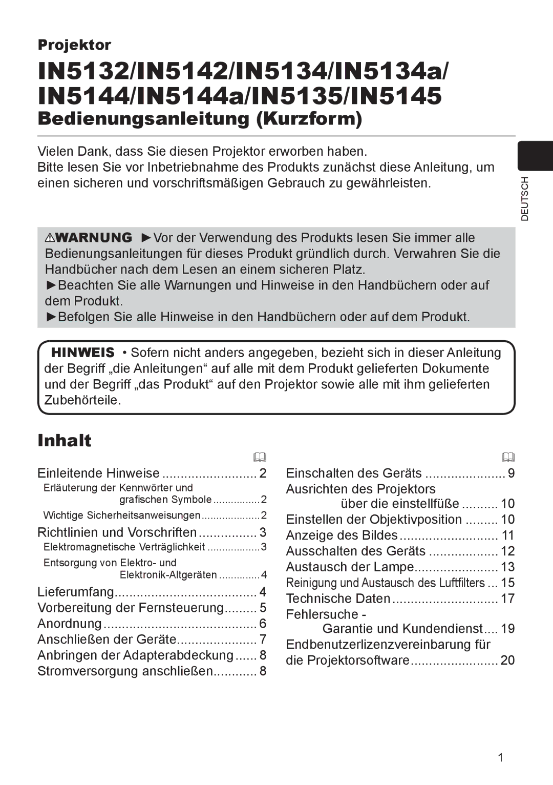 InFocus IN5132 user manual Inhalt, Vorbereitung der Fernsteuerung 