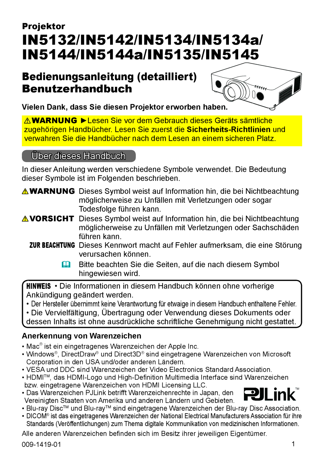 InFocus IN5132 Über dieses Handbuch, Vielen Dank, dass Sie diesen Projektor erworben haben, Anerkennung von Warenzeichen 