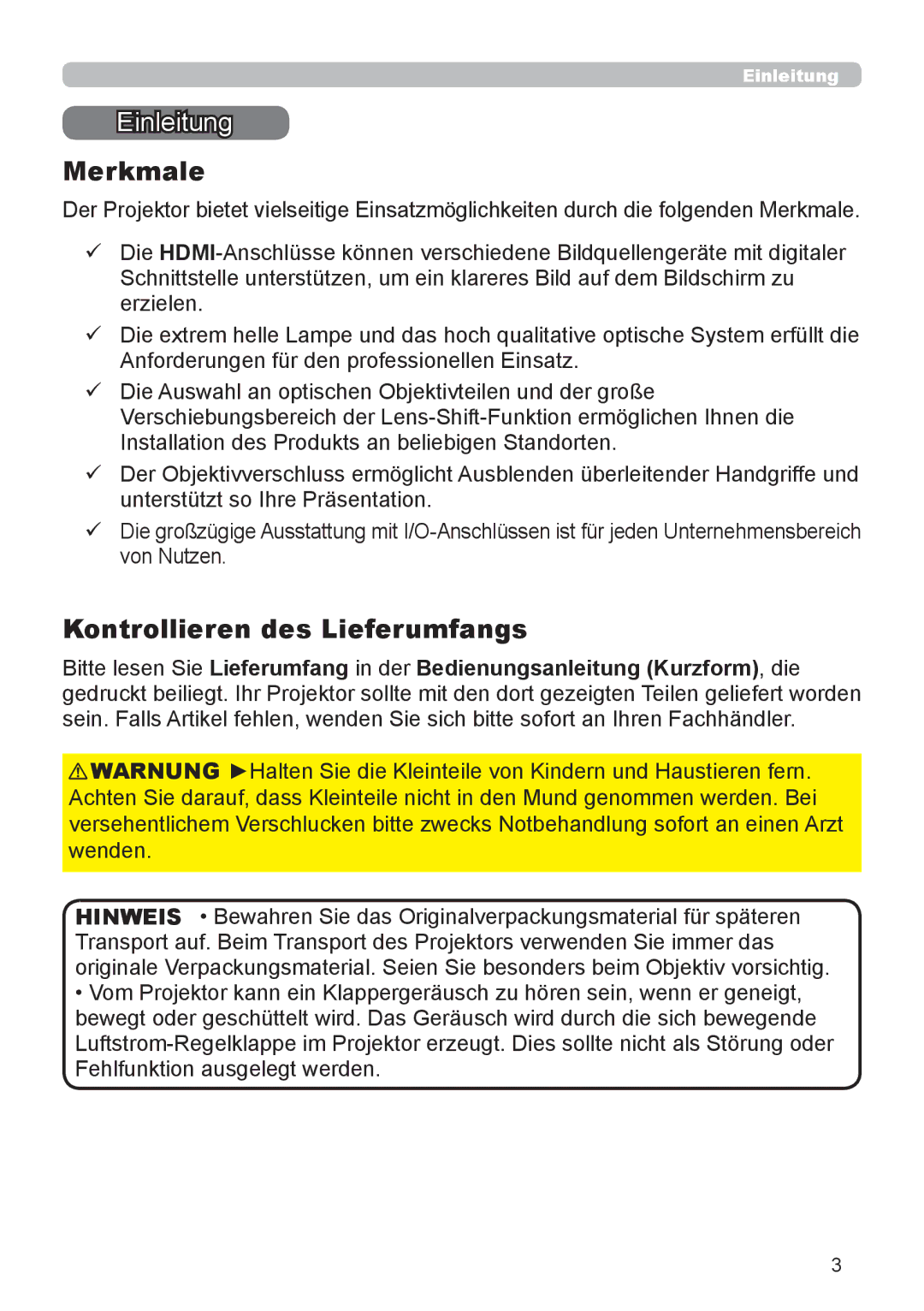 InFocus IN5132 user manual Einleitung, Merkmale, Kontrollieren des Lieferumfangs 