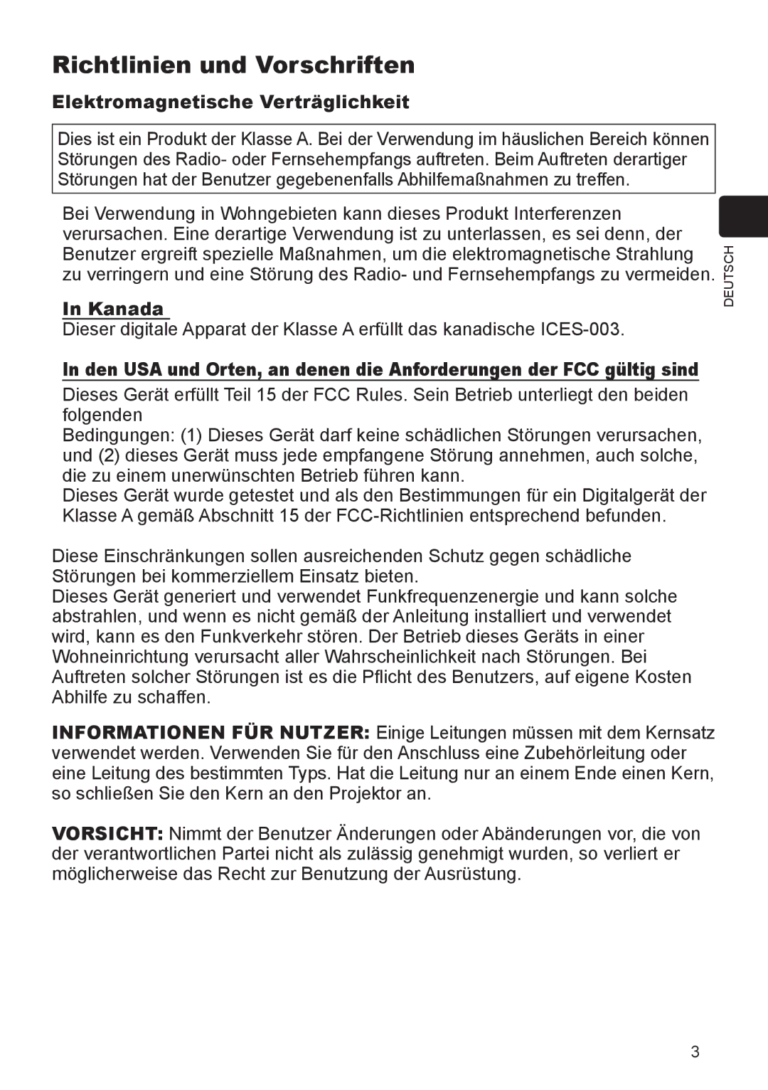 InFocus IN5132 user manual Richtlinien und Vorschriften, Elektromagnetische Verträglichkeit, Kanada 