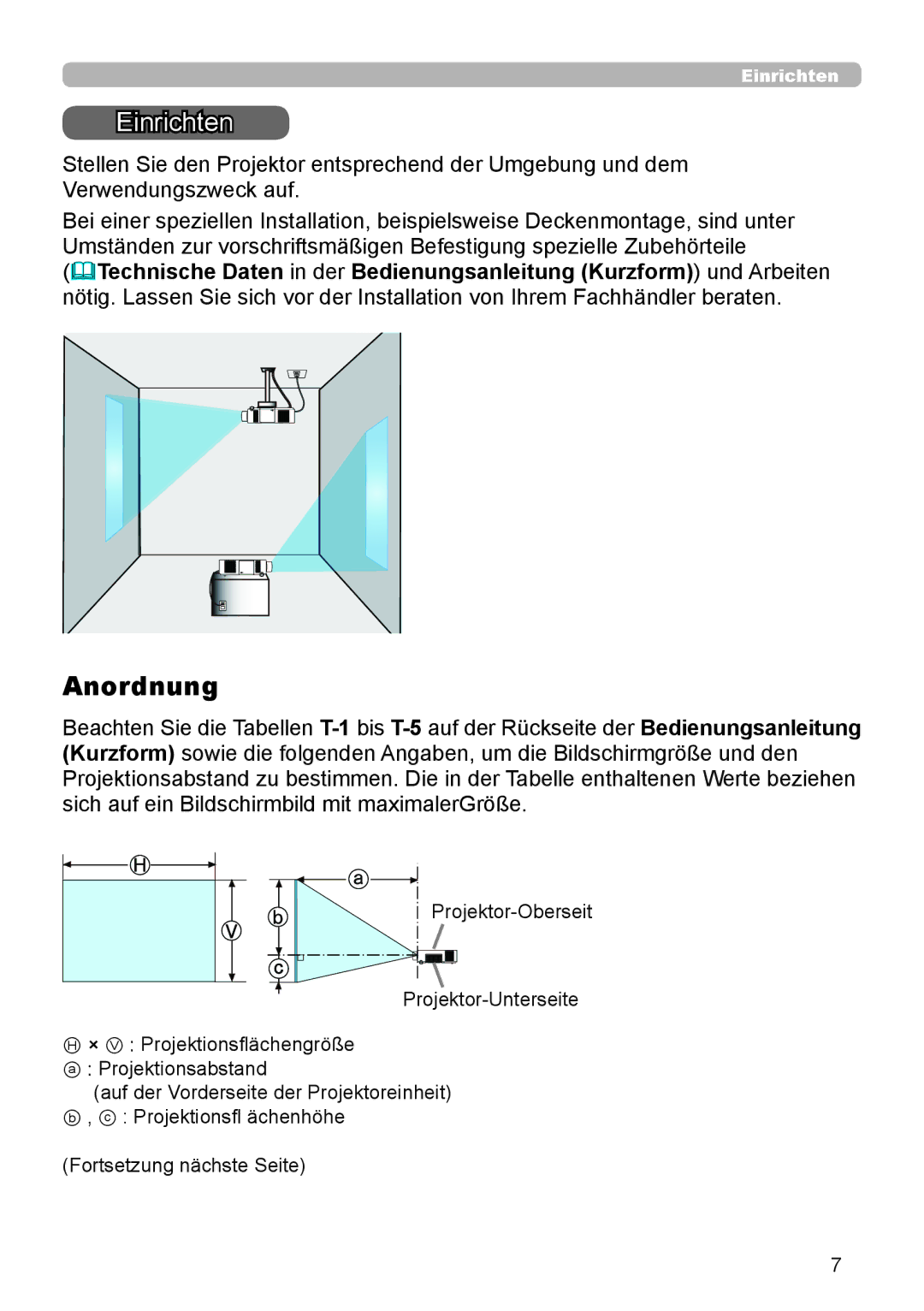 InFocus IN5132 user manual Einrichten, Anordnung, Fortsetzung nächste Seite 