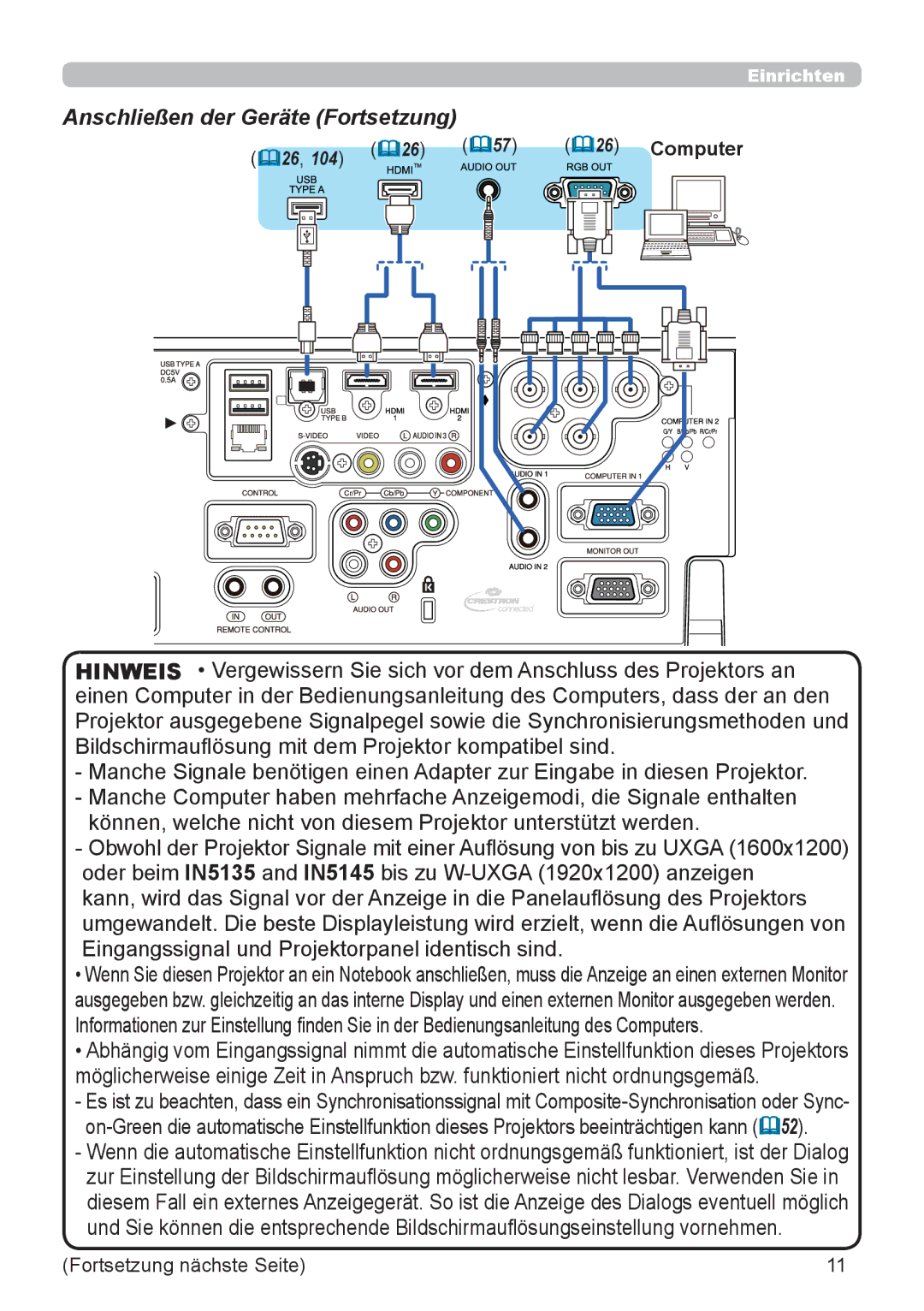 InFocus IN5132 user manual Anschließen der Geräte Fortsetzung, 26, 104 &26 &57 &26 Computer 