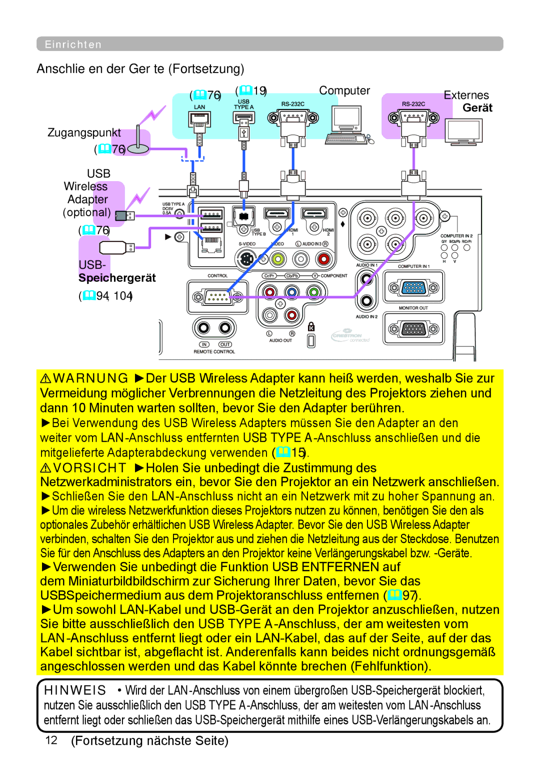 InFocus IN5132 user manual Computer, Gerät, Zugangspunkt USB Wireless Adapter optional, Usb, Speichergerät 