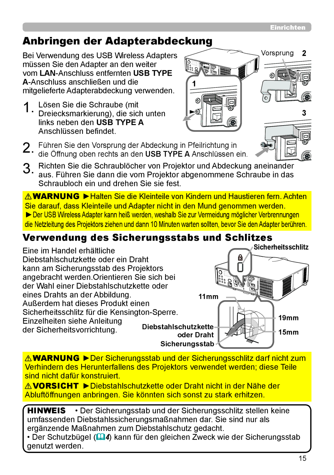 InFocus IN5132 Verwendung des Sicherungsstabs und Schlitzes, Eine im Handel erhältliche, Einzelheiten siehe Anleitung 