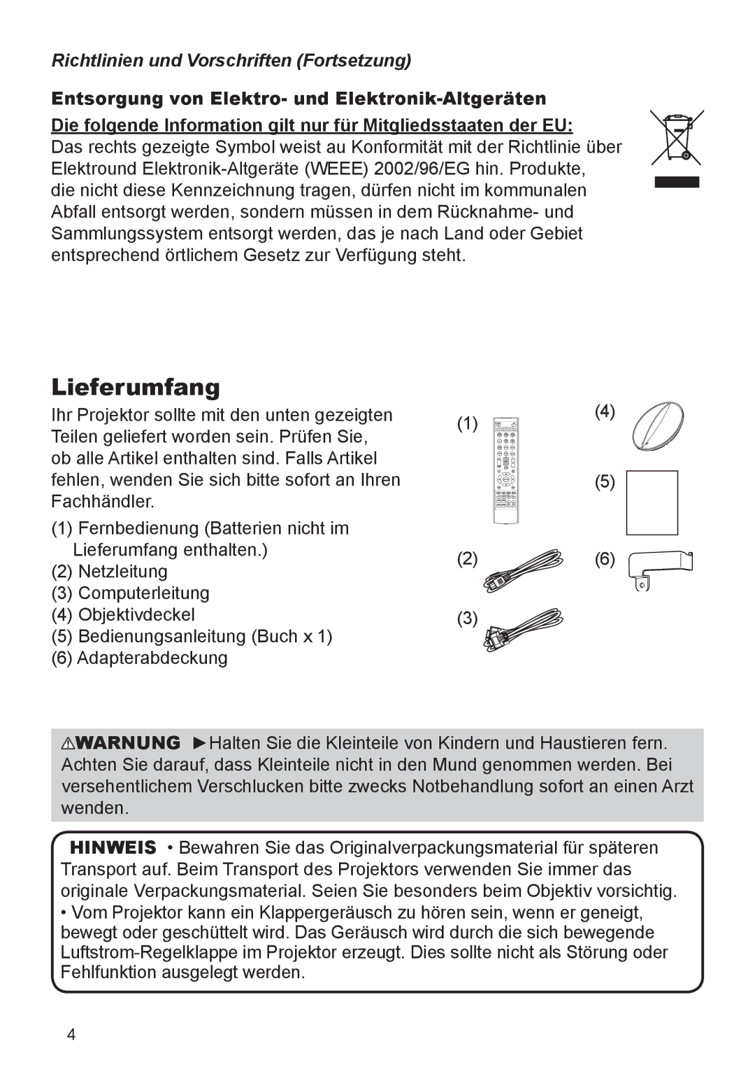 InFocus IN5132 user manual Lieferumfang, Richtlinien und Vorschriften Fortsetzung 