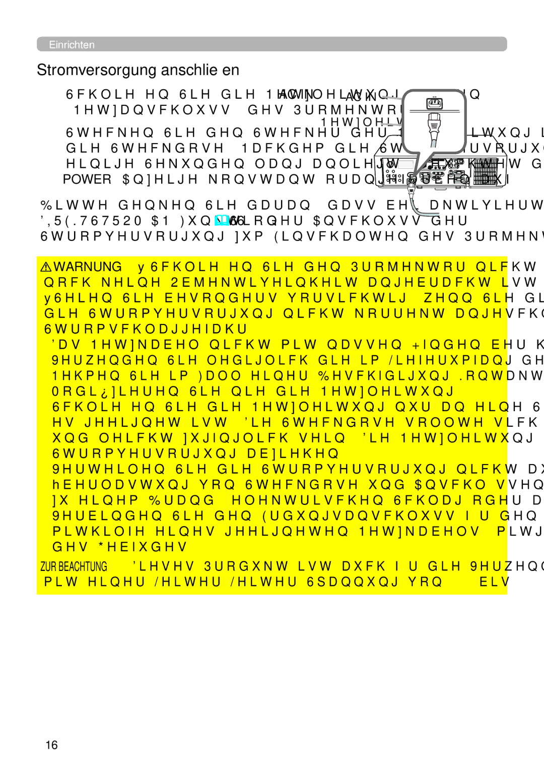 InFocus IN5132 user manual Stromversorgung anschließen, Stecken Sie den Stecker der Netzleitung 