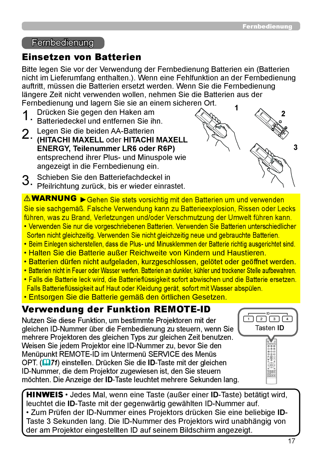 InFocus IN5132 user manual Fernbedienung, Einsetzen von Batterien, Verwendung der Funktion REMOTE-ID 