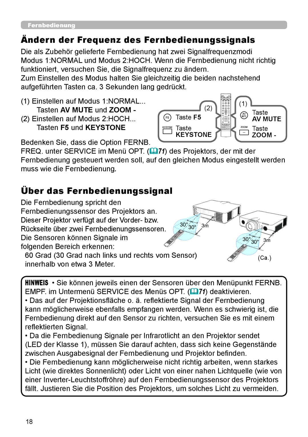 InFocus IN5132 Ändern der Frequenz des Fernbedienungssignals, Über das Fernbedienungssignal, Tasten AV Mute und Zoom 