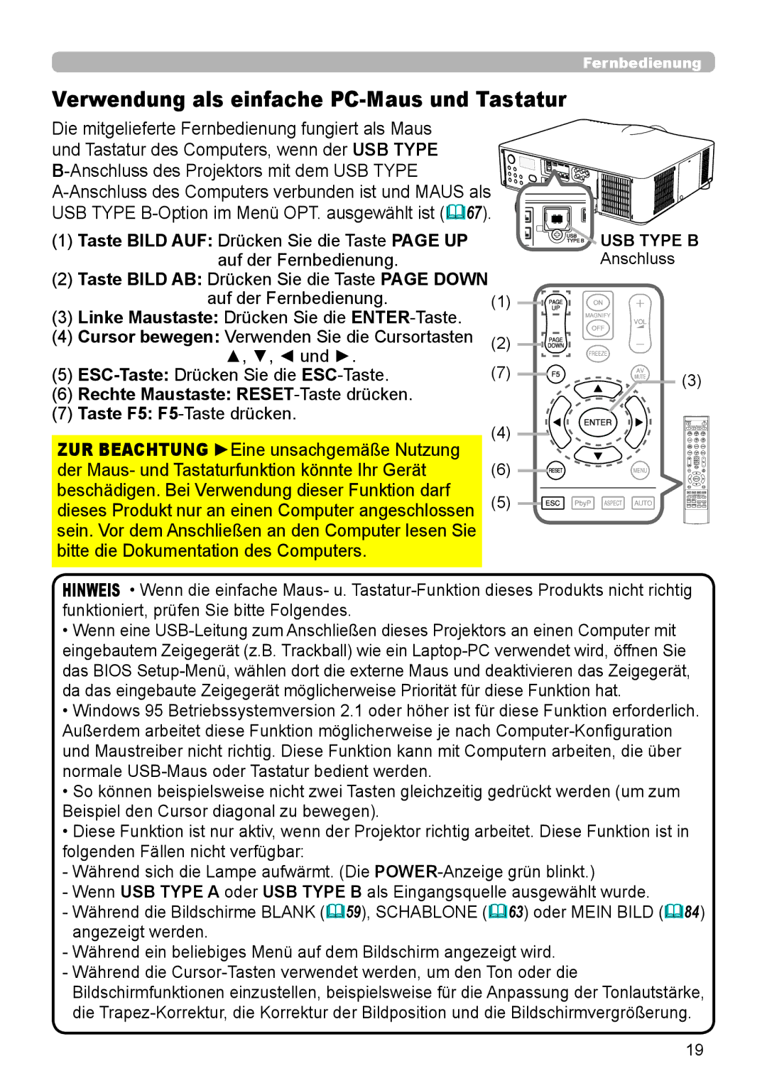 InFocus IN5132 Verwendung als einfache PC-Maus und Tastatur, Taste Bild AUF Drücken Sie die Taste page UP, USB Type B 