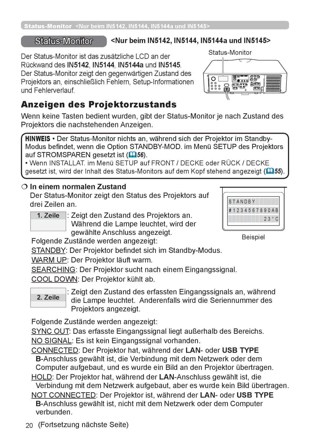 InFocus IN5132 user manual Anzeigen des Projektorzustands, Der Status-Monitor ist das zusätzliche LCD an der 